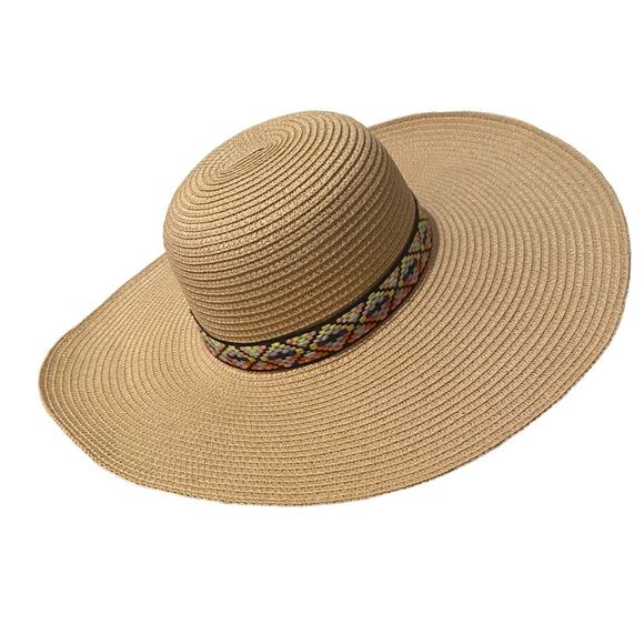 unbranded Accessories - Straw Beach Cover Hat Wicker Beige Multicolored Embroidered Ribbon Summer Spring